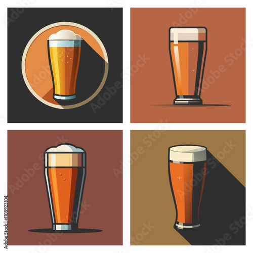 Four illustrations showcasing various beer glass styles, each filled with a refreshing, frothy brew, perfect for representing bars, pubs, or breweries