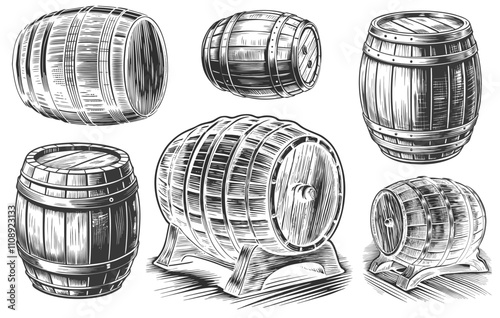 Hand drawn illustration showcasing a collection of wooden barrels, ideal for storing and aging beverages like beer or wine, highlighting the artistry of traditional barrel making