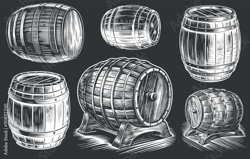 Hand drawn illustration showcasing a collection of wooden barrels, ideal for storing and aging beverages like beer or wine, highlighting the artistry of traditional barrel making