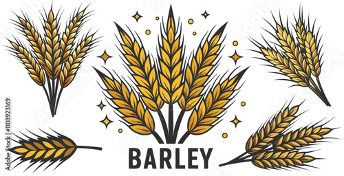 Golden barley ears are depicted in various arrangements, symbolizing the key ingredient in brewing refreshing beer, perfect for agricultural or brewery related designs