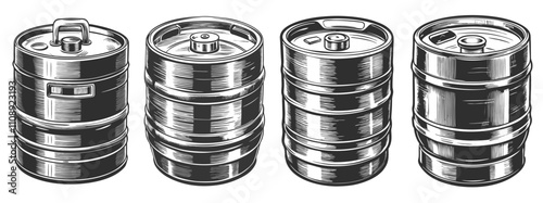 Various metal beer kegs in different styles for storing and dispensing beer, perfect for brewery or bar themes