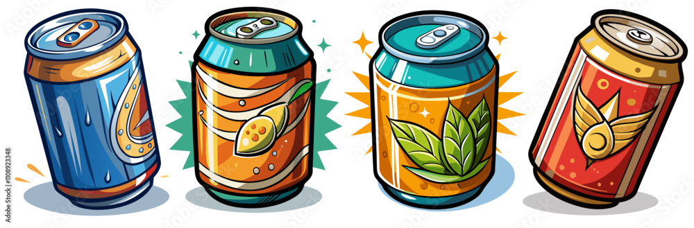 Fototapeta premium Colorful aluminum cans with pull tabs, possibly containing soda or beer, displayed with diverse designs against a white background