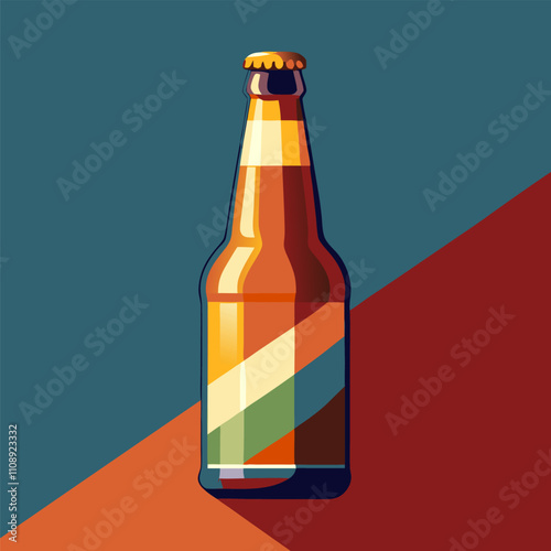 Refreshing glass beer bottle with colorful abstract label casting a shadow on a vibrant two toned background, representing the beverage industry and the enjoyment of alcoholic drinks