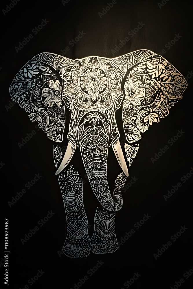 Obraz premium Elephant tattoo in white ink with mandala patterns on a dark black backdrop