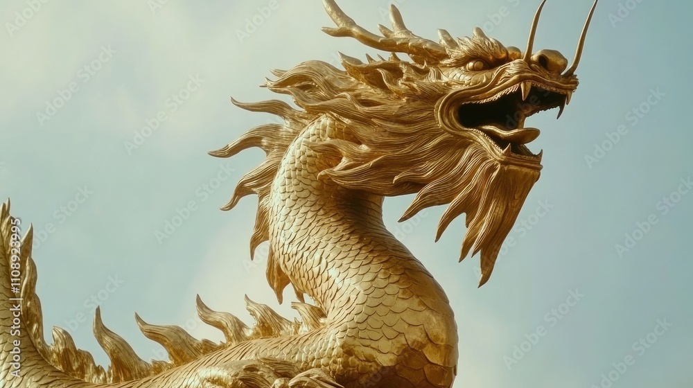 Obraz premium Majestic Golden Dragon Sculpture Against Clear Sky Background