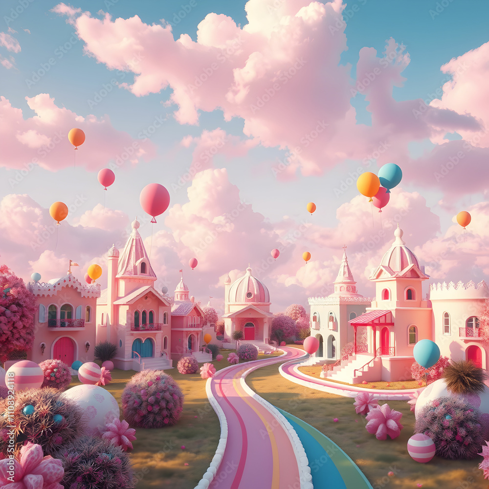 Fototapeta premium Dreamy Baby Room Interior Design with Floating Clouds and Balloons