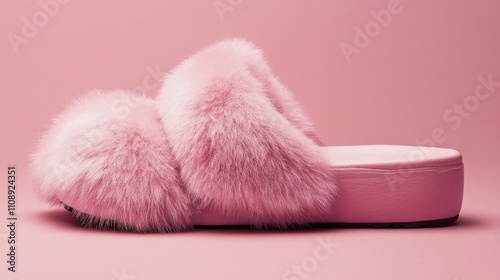 Plush Pink Furry Slippers on Soft Pink Background photo