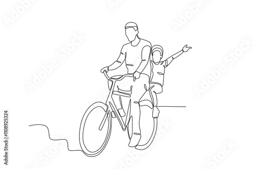 Single continuous line drawing of A man and his son enjoy cycling in the park. Dynamic single line draw design graphic vector illustration.
