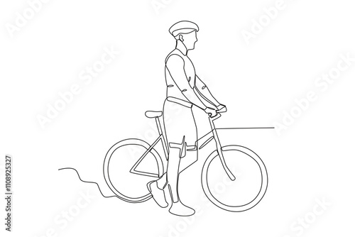 Single continuous line drawing of Man pushing his bicycle in the park. Dynamic single line draw design graphic vector illustration.
