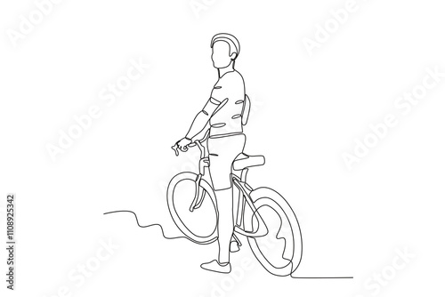 Single continuous line drawing of Man resting sitting on his bicycle in the park. Dynamic single line draw design graphic vector illustration.
