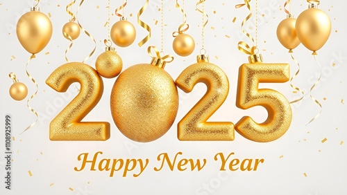 Generate a digitally rendered image of the year 2025, stylized as large, hanging gold baubles ai generated images.