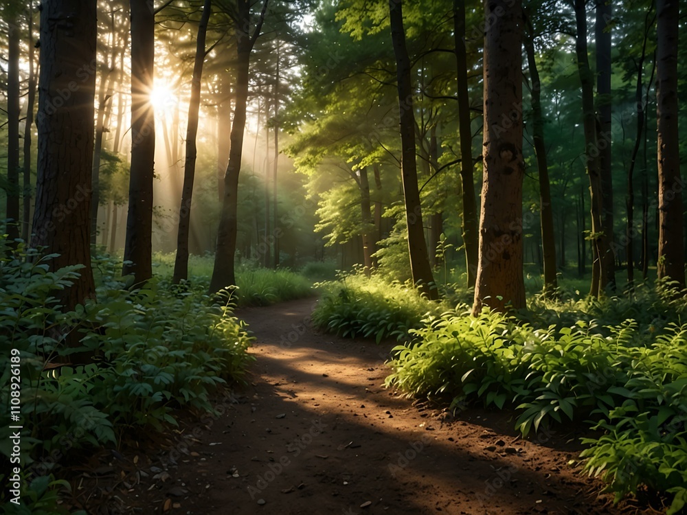Obraz premium Sunlit forest path with lush trees.
