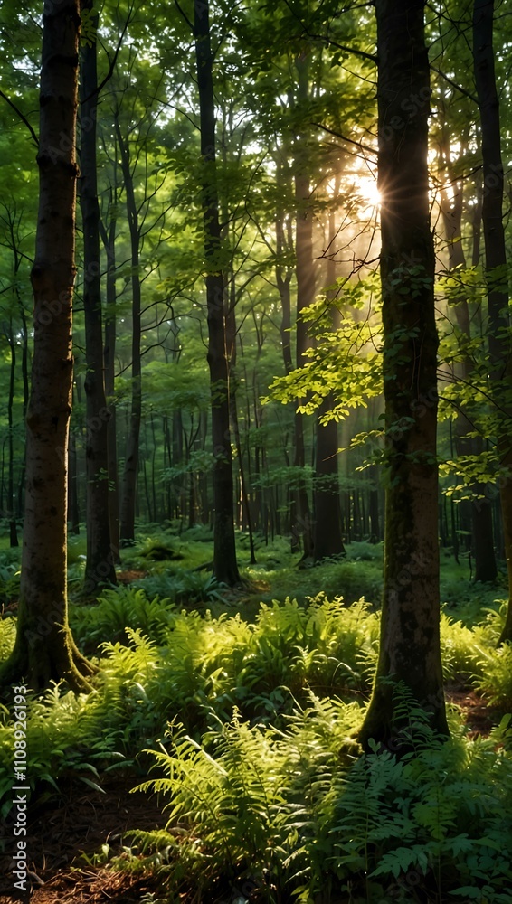 Obraz premium Sunlit forest clearing with vibrant green foliage.