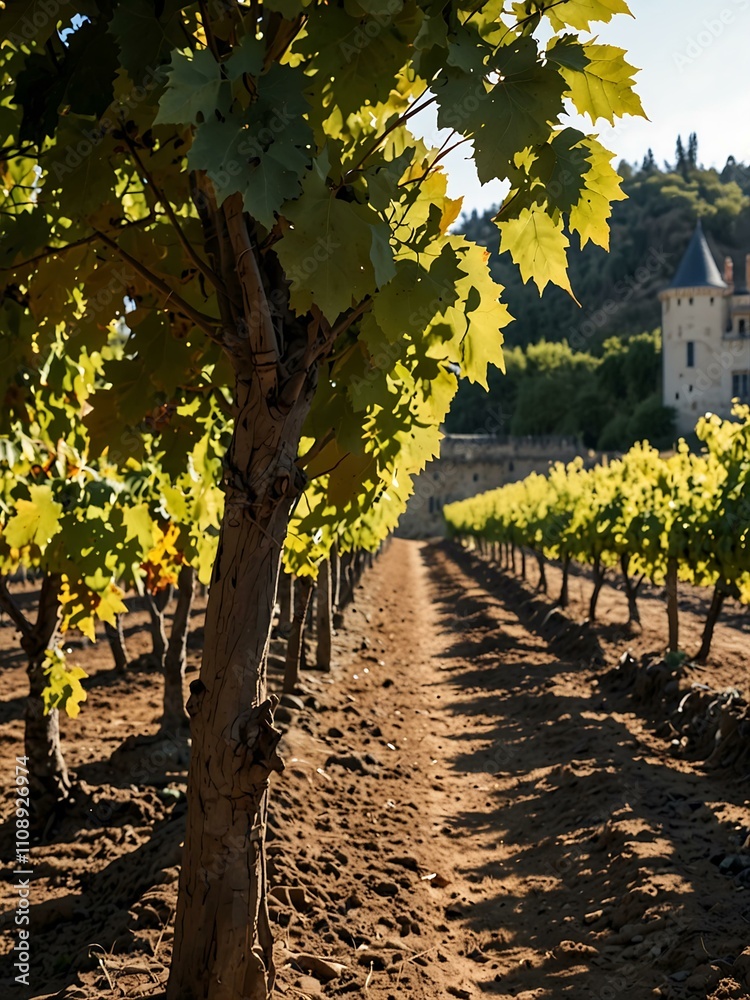 Fototapeta premium Sunlit vineyard rows leading to a refined chateau.