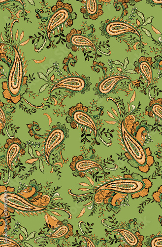 Seamless ethnic pattern of paisley and decorative floral branches. Indian motif.