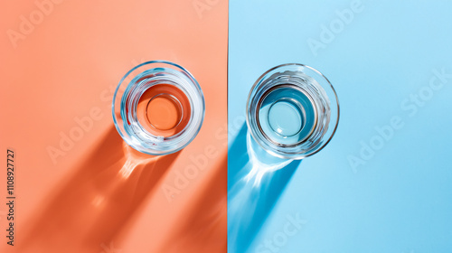 Glasses filled with water on a two-tone background, top view.