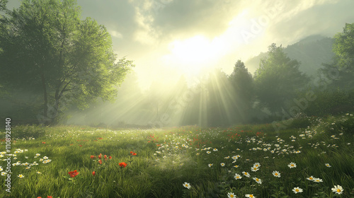 sunny meadow with wildflowers, trees, and mountains in the background photo