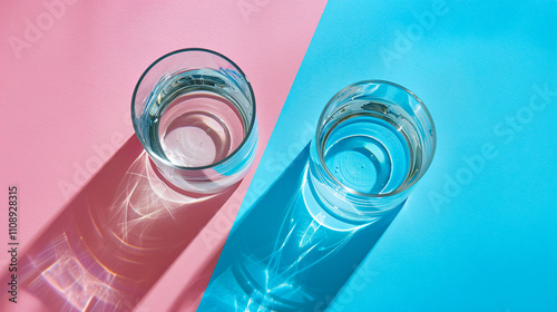 Glasses filled with water on a two-tone background, top view.