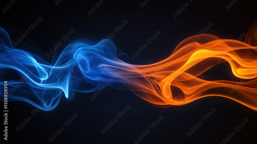Fototapeta premium Abstract swirling blue and orange smoke on a dark background 