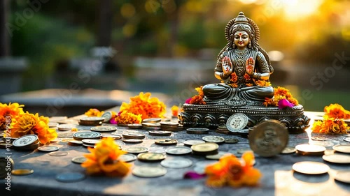 Serene Sunset: Goddess Lakshmi Statue Adorned with Marigold Flowers and Coins in a Peaceful Garden Setting