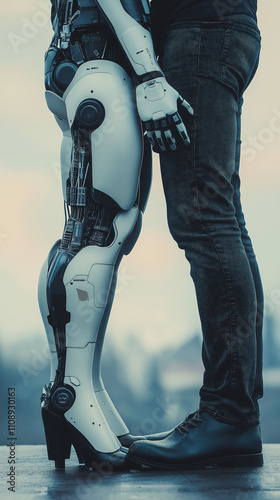 Human and robot close together. Human-robot relationship. photo