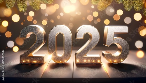 Elegant New Year banner with shimmering silver and gold text for 2025, adorned with festive lights. Generative AI