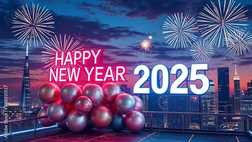 A vibrant, festive New Year's Eve scene featuring a city skyline at dusk, illuminated by fireworks and a neon sign reading ai generated images.