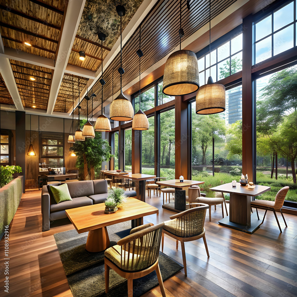 Fototapeta premium Art Corridor Cafe with Expansive Windows and Natural Ambiance