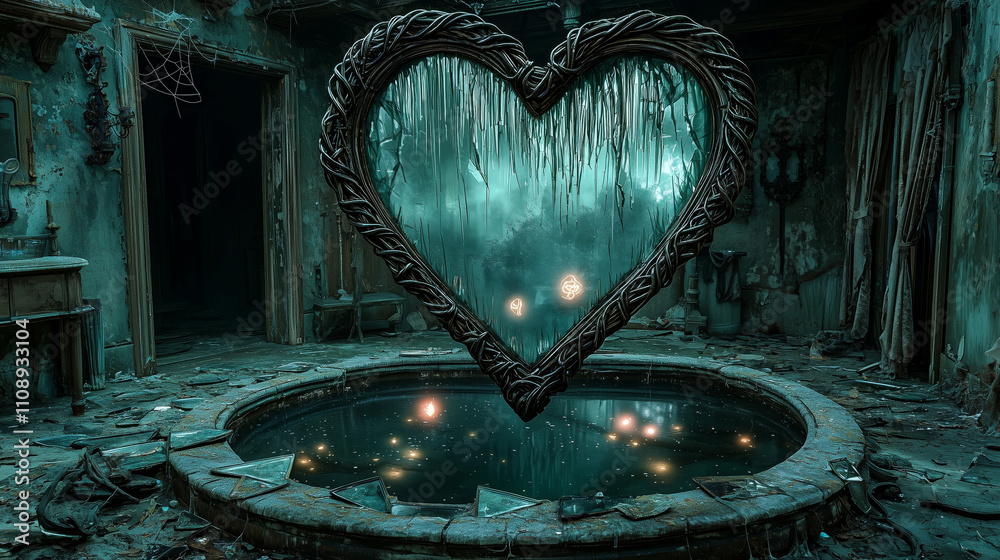 Fototapeta premium Heart-shaped mirror reflecting distorted visions