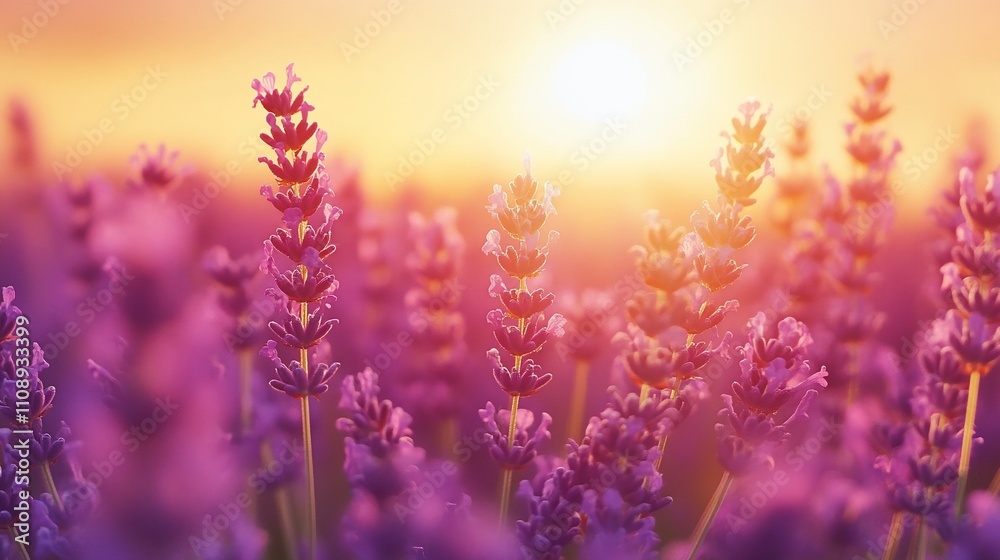 Obraz premium Sunset over a field of blooming lavender flowers.