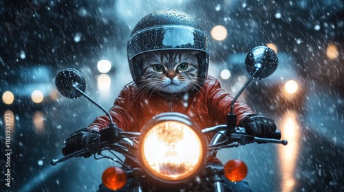 A Cat in a Cool Red Jacket Riding a Motorcycle in Rainy Weather with Blurred City Lights in the Background Creating a Unique and Playful Science Fiction Scene photo