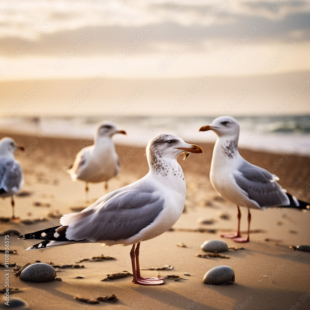 Obraz premium Küsten - Möwen versammeln sich auf sandigem Strand