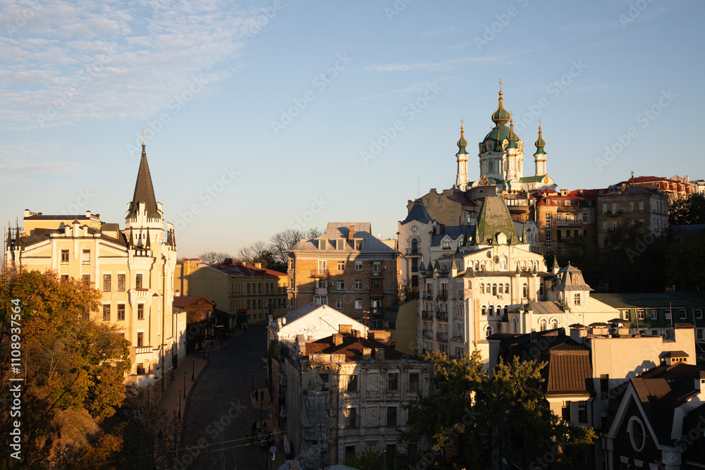 Beautiful view of St. Andrew's Church and St. Andrew's Descent in Kyiv, Ukraine
