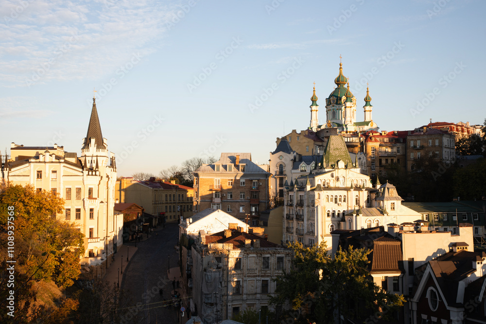 Beautiful view of St. Andrew's Church and St. Andrew's Descent in Kyiv, Ukraine