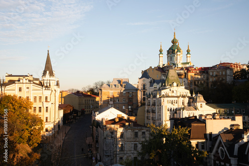 Obraz na płótnie Beautiful view of St. Andrew's Church and St. Andrew's Descent in Kyiv, Ukraine w salonie