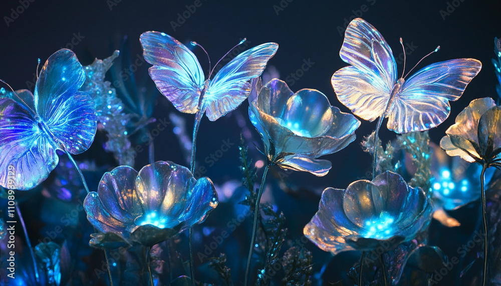 Obraz premium Colorful butterflies and glowing flowers in dark setting