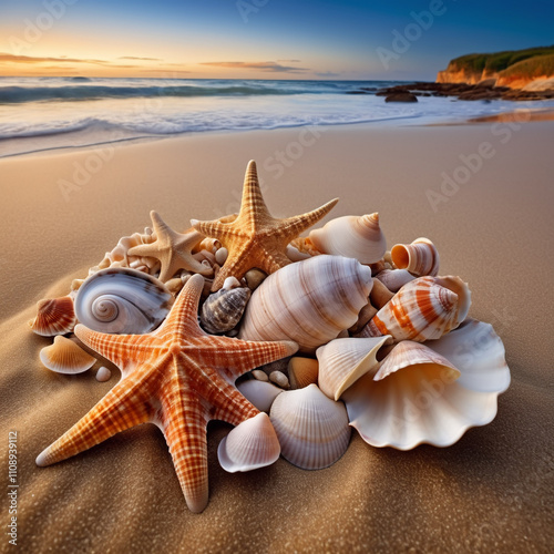 Küsten - Muscheln mit Seestern an malerischem Strand photo