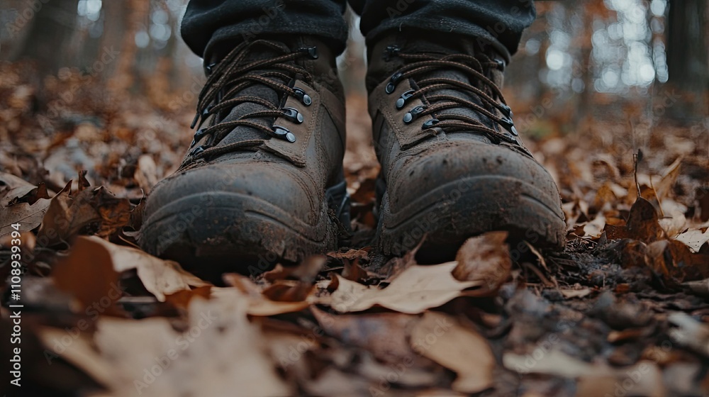 A close-up of hiking boots stepping on a leafy forest trail, capturing the texture of the earth and fallen leaves, symbolizing adventure in the woods A close-up of hiking boots stepping on a leafy forest trail, capturing the texture of the earth and fallen leaves, symbolizing adventure in the woods
