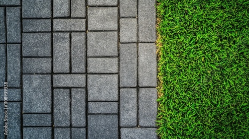 A close-up of gray brick pavers forming a smooth sidewalk, contrasted by bright green grass on one side, showcasing urban design and nature's coexistence photo