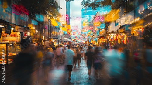 Wallpaper Mural Blurred Crowd Walking Through a Vibrant Night Market Street Torontodigital.ca