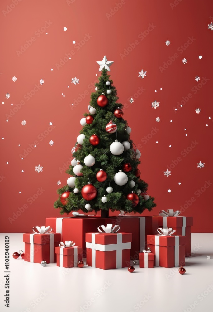 Obraz premium Modern Christmas tree with red and white ornaments, festive gift boxes, snowflake decorations on red background, holiday celebration scene, Ai Generation