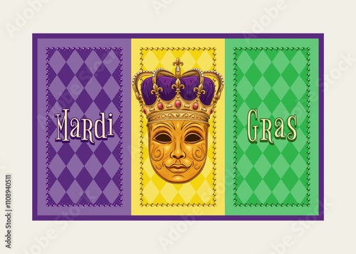 Rectangular Mardi Gras banner, flag with beads, golden venetian face mask in imperial golden crown, harlequin ornament. Traditional holiday colors. Vintage style