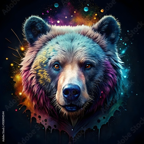 Stunning bear illustration With intricate details and bold colors, this abstract paint splash painting of a colorful bear head isolated on a black background photo