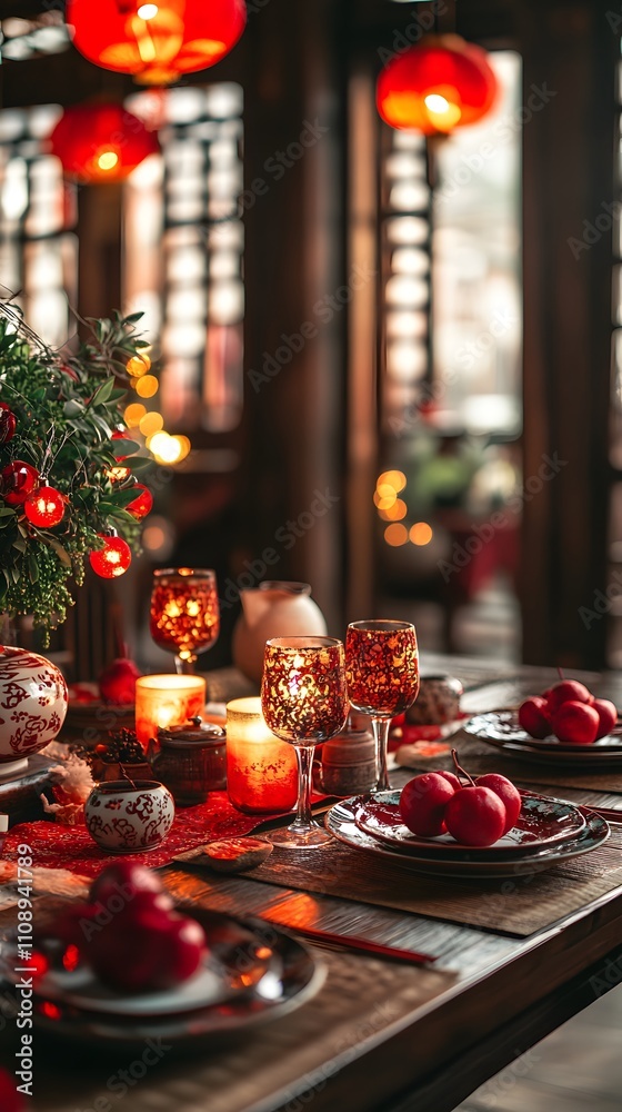 A beautifully arranged festive dinner table adorned with red decorations. A beautifully arranged festive dinner table adorned with red decorations.