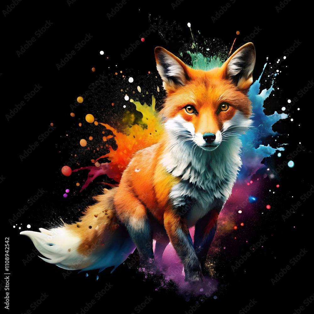 Obraz premium Stunning fox illustration With intricate details and bold colors, this abstract paint splash painting of a colorful fox isolated on a black background