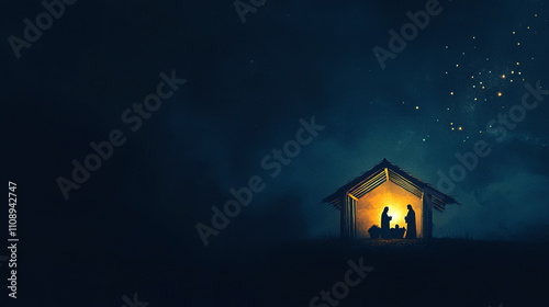 A minimalist, glowing nativity scene in silhouette, with Mary, Joseph, shepherd, and baby Jesus under a simple star-lit stable, holy night surrounded by a soft, warm gradient of deep blue and gold	