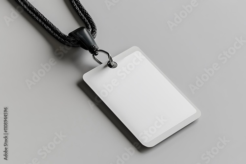 Blank White ID Card with Black Lanyard on Gray Background photo