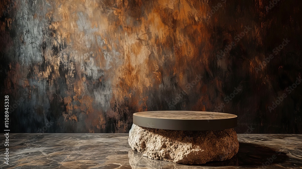 Fototapeta premium Stone pedestal against a dark, textured wall. Perfect for product display.