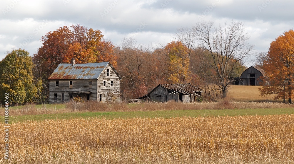 Weathered Old Farmhouse with Broken Down Barn in Autumn Landscape Weathered Old Farmhouse with Broken Down Barn in Autumn Landscape