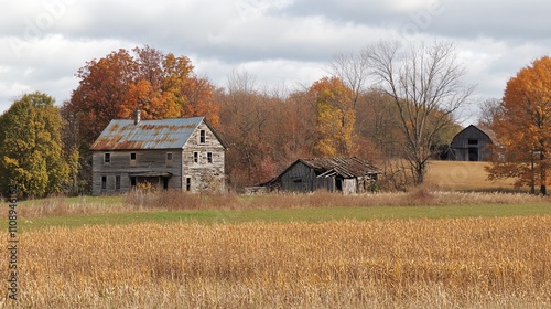 Weathered Old Farmhouse with Broken Down Barn in Autumn Landscape